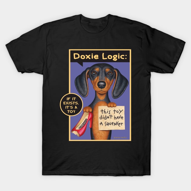 Cute Doxie Dog with new chew toy on Black Dachshund Holding Red Shoe tee T-Shirt by Danny Gordon Art